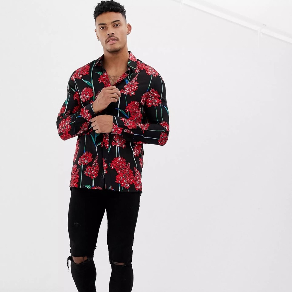 NWT ASOS Religion Revere Black Collar Button Down Shirt w/ Red Floral Print - Picture 4 of 16